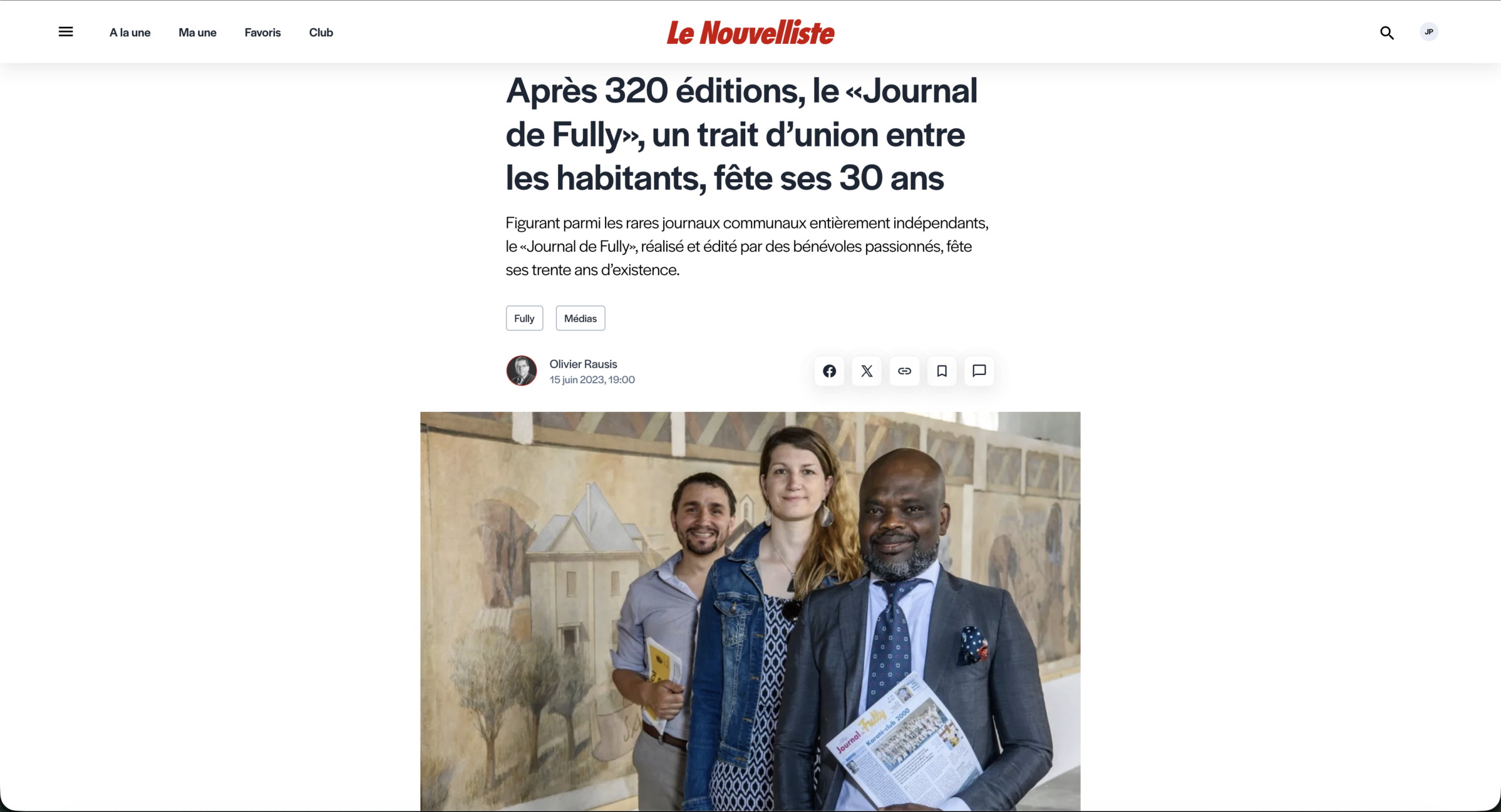 Article sur le Journal de Fully par Olivier Rausis 15 juin 2023, 19:00