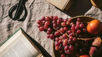 Stylish flat lay featuring wine, fruits, and books on a textured surface in warm sunlight.